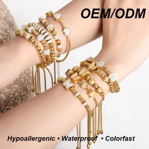 Sweat Proof Stainless Steel 18k Gold plated Non fading Beaded Bracelet Natural Stone Trendy Women’s Fashion Jewelry Gift