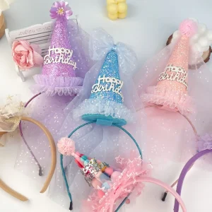 Sweet Birthday Hair Band for Girls Princess Baby Crown Veil Hair Accessory Super Fairy Boy Pearl Tassel Lace Hat Headband
