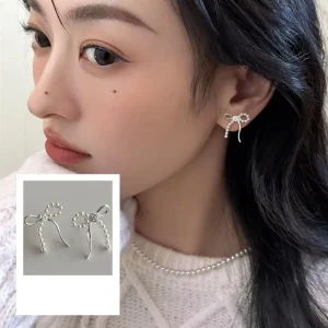 Sweet Bow Stud Earrings for Women Korean Style Trendy Light Luxury Silver Plated Party Elegant Fashion Jewelry Bulk
