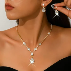 Sweet Bridal Wedding Crystal Jewelry Set for Women Zircon Water Drop Pendant Necklace Earrings