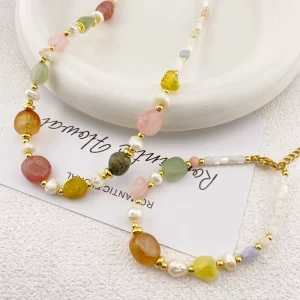 Sweet Candy Color Classic Engagement Freshwater Pearl Necklace Bracelet Set Gold Plated Natural Stone Beads Fashion Jewelry