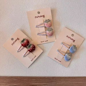 Sweet Casual Eco Friendly Multifunction Fabric Embroidered Strawberry Customizable Multi Occasion Kids Hair Clips Set