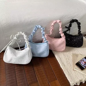 Sweet Charming Fashion Star Pattern Pleated Bag Large Capacity Single Strap Polyester Shoulder Underarm Bag for Daily Use
