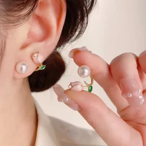 Sweet Cute Enamel Pearl Tulip Flower Stud Earrings for Women Korean Temperament Back Hanging Earring Fashion Jewelry