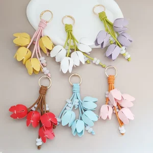 Sweet Cute Flower Tulip PU Leather Keychain Bag Pendant Handmade Car Key Holder Fashion Women Bag Charm Birthday Party Gift