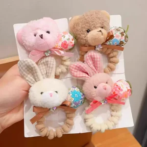 Sweet Cute Love Cartoon Bear Women Girls Hair Ties Bunny Bow Rabbit Ears Plush Soft Fluffy Scrunchies Fabric Elastic Hair Bands