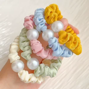 Sweet Female Pearl Small Intestine Hair Ring Net Red Cloth Kids Party Headband with Large Elastic Fabric Hair Rope