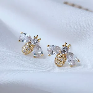 Sweet Gold Tone Bumblebee Stud Earrings Pear Cut CZ Wings Cute Flower Companion Insect Ear Piercing Jewelry for Aesthetic Girls