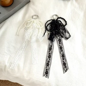 Sweet Handmade White Beaded Bowknot Lace Bag Charms Pendant Keychain Exquisite Backpack Keyring Decoration Fashion Accessories
