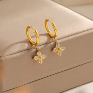 Sweet Lovely Rhinestone Inlay Flower Dangle Gold Plated Stainless Steel Jewelry Earrings Tges6114