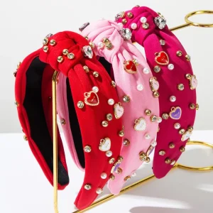 Sweet Pearl Diamond Rhinestone Heart Knotted Headband Valentine’s Day Hair Accessories for Women