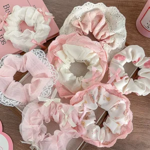 Sweet Pink Color Hair Scrunchies Lace Fabric Chiffon Scrunchy Women Girls Cute Bow Hair Accessories