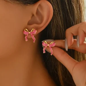 Sweet Pink Oil Drop Ribbon Bow Stud Earrings Gold Tone Zinc Alloy 3D Bowknot Post Piercing Ear Jewelry Sets with Pearl Effect