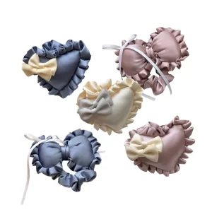 Sweet Style Elastic Hair Band Solid Color Satin Fabric Scrunchies with Cotton Filled Heart Shaped Bow Decoration