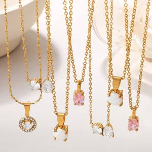 Sweet Style Zirconia Colorful Necklace 18k Gold Plated Stainless Steel Zircon Opal Gemstone Pendant Necklace