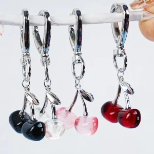 Sweet Women Bag Charm Pendant Colorful Red Transparent Resin Fruit Cherry Keychain for Women Heart Shaped Key Buckle Keyring