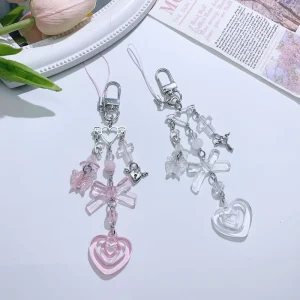 Sweet Y2K Bow and Heart Keychain Strap Butterfly Cross Element Bag Charm