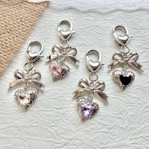 Sweet and Cool Bow Knot Heart Rhinestone Keychain Lolita Style Lace Heart shaped Rhinestone Pendant Girly Bag Charm