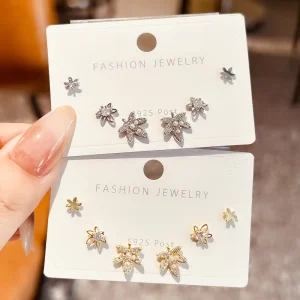 Sweet and Elegant High End Vintage Earrings for Women Simple Luxurious Exquisite Zircon Flower Trendy Three Pair Set