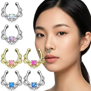 Synthetic Opal Clip on Fake Nose Ring Non Piercing Septum Fashion Body Jewelry for Women Men