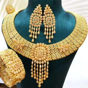 T087C Champagne 4pcs Square Flower African Dubai Copper Zircon Indian Bridal Jewelry Sets Women Wedding Party Gift