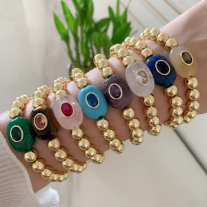 TK C421 Elastic Stretch Bracelets Summer Jewelry Gold Beaded Bracelet for Daily Shiny Gemstone Lapis Zircon Bracelet
