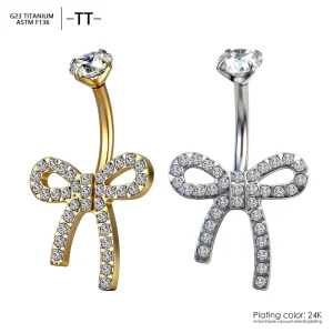 TT ASTM F136 Titanium G23 Vintage Gold Plated Bowknot Belly Button Ring Navel Body Piercing Zircon for Party