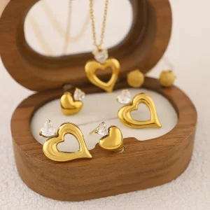 TZ046 316L Stainless Steel Heart Jewelry Sets Gold Plated CZ Pendant & Earring Sets Fashion Jewelry for Retailers
