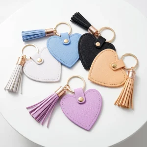 Tanglan Fashion Creative Cute Heart Saffiano PU Leather Keychain Tassel Personalized Metal Keyring Bag Hanging Ornament