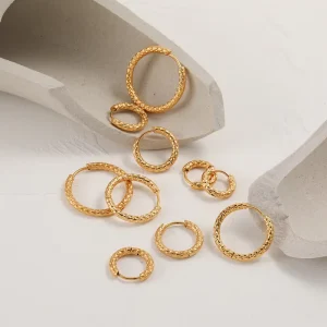 Tarnish Free Classic Fashion Stainless Steel Jewelry Gold Plated Mini Huggie Hoop Hammered Earrings