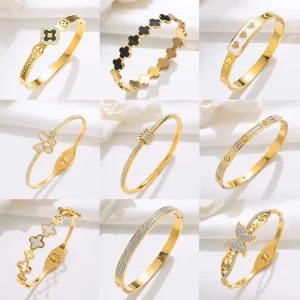 Tarnish Free Four Leaf Clover Cleef Cleff Bracelets Real 18k Gold Plated Cuff & Arpels Bracelet Women