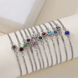 Tarnish Free Silver Stainless Steel Bracelets Women Fashion 12 Colors Crystal Birthstone Charm Bracelet for Girls