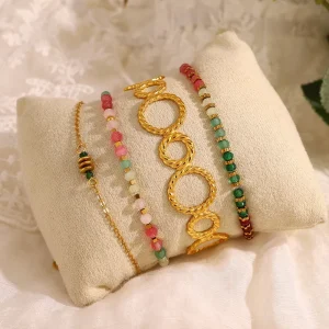 Tarnish Free Stainless Steel Gold Plated Trendy Geometric Crystal and Rhinestone Bead Bracelet for Women’s Party Occasions