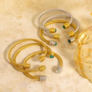 Tarnish Free Twisted Wire Gold Plated Stainless Steel Zircon Cuff Bracelet for Women Trendy Geometric Design Multi-color Jewelry