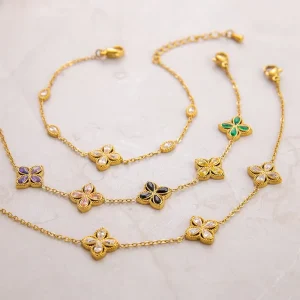 Tarnish Free Vintage 18K Gold Plated Stainless Steel Colorful Glass Floral Bracelet Elegant Court Style Retro Jewelry for Women