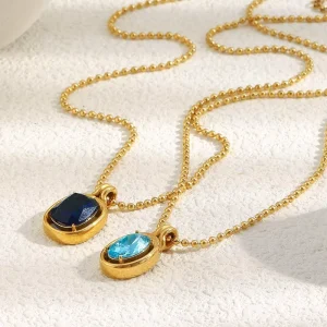 Tarnish Free Waterproof Pendant Stainless Steel 18K Gold Plated Mirror Finish Blue Zircon Geometric Necklace