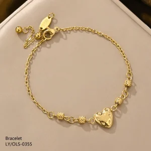 Tarnish Resistant Gold Plated Stainless Steel Heart Round Bead Pendant Adjustable Bracelet for Women