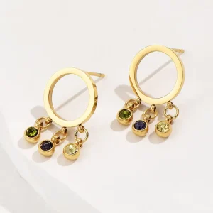 Tassel Colorful PVD 14K Gold Plated Stainless Steel Earrings Unique Cubic Multicolor Zirconia Gemstone Charm Drop Earrings