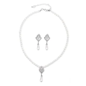 Tassel Pearl Inlaid with Rhinestones Hollowed Out Rose Bridal Necklace Earring Set