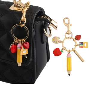 Teacher Appreciation Gift Keychain Gold Plated Enamel Art School Supplies Charm Bag Charm Pencil Apple Palette Ruler Crayon Box