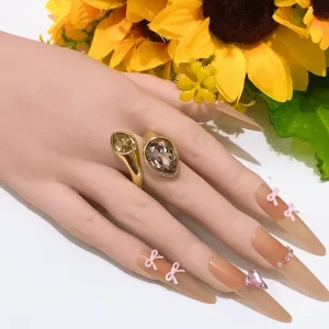 Teardrop Two Stone Open Cuff Ring Vintage Gold Plated Adjustable Statement Ring With Shiny Water Drop Crystals for Women Jewelry