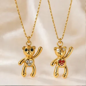 Teddy Bear Crystal Pendant Necklace for Women Gold Plated Chain Necklace Stainless Steel Cute Animal Fashion Jewelry