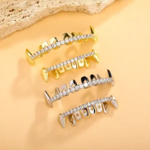 Teeth Grillz Gold and Silver Plated CZ Stones Punk Style Unisex Body Jewelry