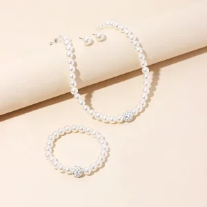 Temperament Pearl Decor Necklace Bracelet Earrings Faux Pearl Jewelry Sets for Women Girls