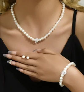 Temperament Pearl Decor Necklace Bracelet Earrings Faux Pearl Jewelry Sets with Simple Accessories