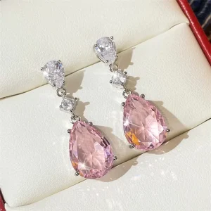 Temperament Sweet Pink Pear Design Cubic Zirconia Earrings Silver Plating Women Engagement Party Drop Earrings