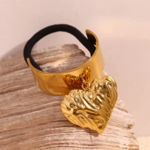 Texture Heart Charm Hair Ties for Women 18k Gold Plated Jewelry Waterproof Stainless Steel Hair Accessories