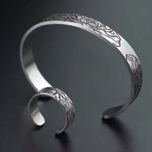 Thai Vintage Ethnic Lotus Heart Sutra Bracelet for Women Ancient Buddhist Cuff Bracelet Chinese Open Cuff Bangle Jewelry Set