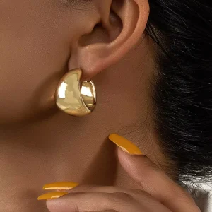 Thick Punk Women C Shaped Chunky Hoop Earring Glossy Gold Plated Metal Wide Size Hoop Earrings Jewelry for Women
