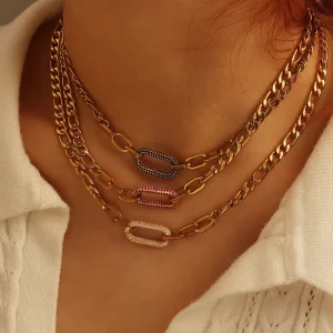 Third Party Certified Zircon Geometric Pendant Necklace Stainless Steel Link Chain Trendy Gold Plated Unisex Anniversary Fashion